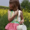 Delantal para niña pequeña de rayas multicolor y falda de color rosa o amarillo en algodón orgánico 100% italiano de alta calidad con certificado OEKO-TEX®